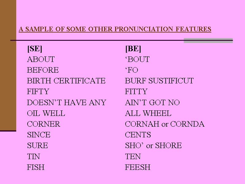 A SAMPLE OF SOME OTHER PRONUNCIATION FEATURES  [SE]    [BE] ABOUT